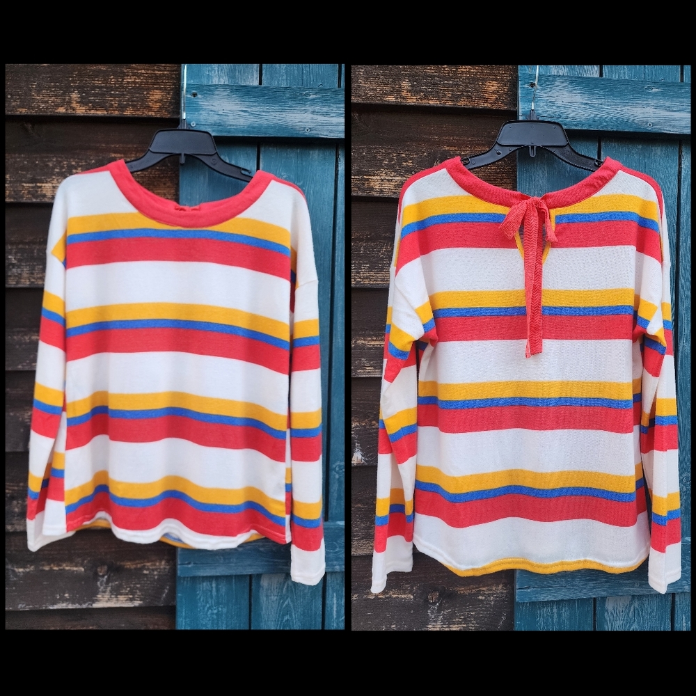 E&M Womens Soft Top Back Tie Stripes Large Red Blue Yellow